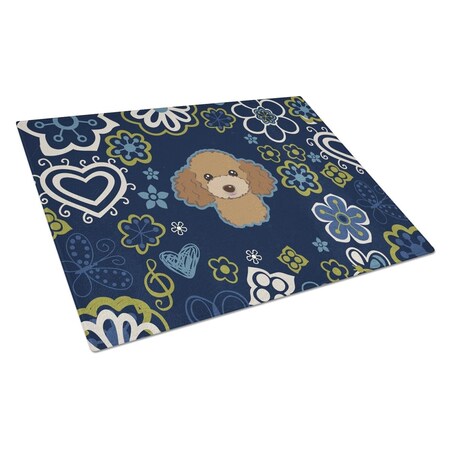 Carolines Treasures Blue Flowers Chocolate Brown Poodle Glass Cutting Board Large BB5107LCB